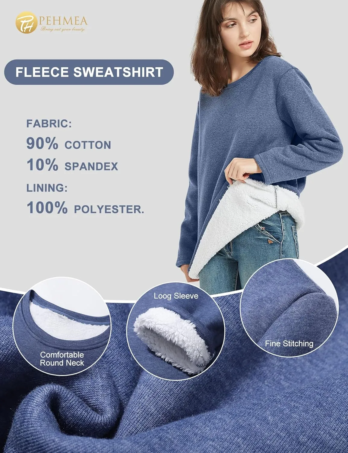 PEHMEA Women's Winter Warm Sherpa Lined Fleece Sweatshirt Crewneck Sport Pullover Loungewear Tops