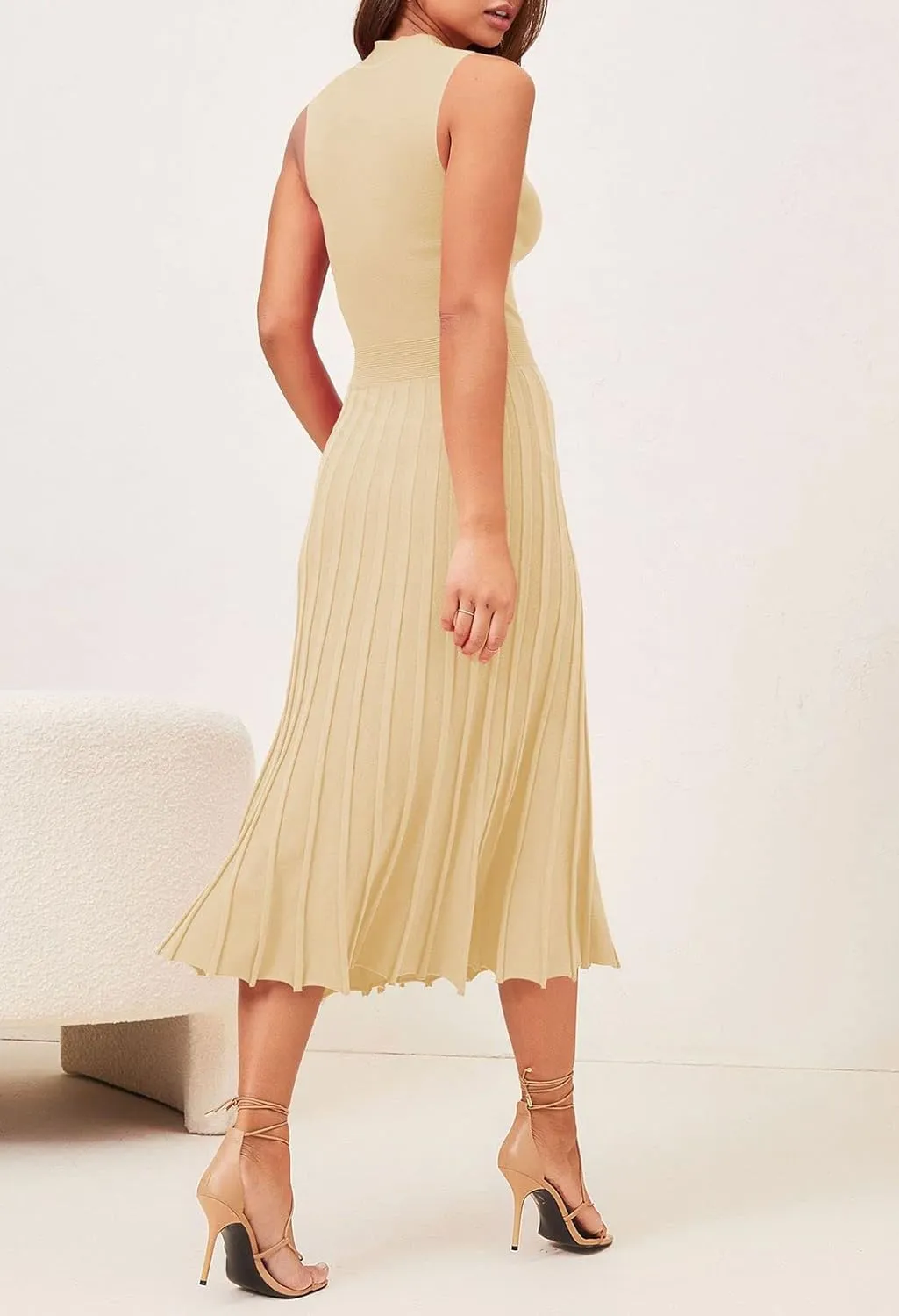 Pink Queen Women's Crew Neck Sleeveless High Waisted Bodycon Pleated Ribbed Swing Knit Midi Dresses