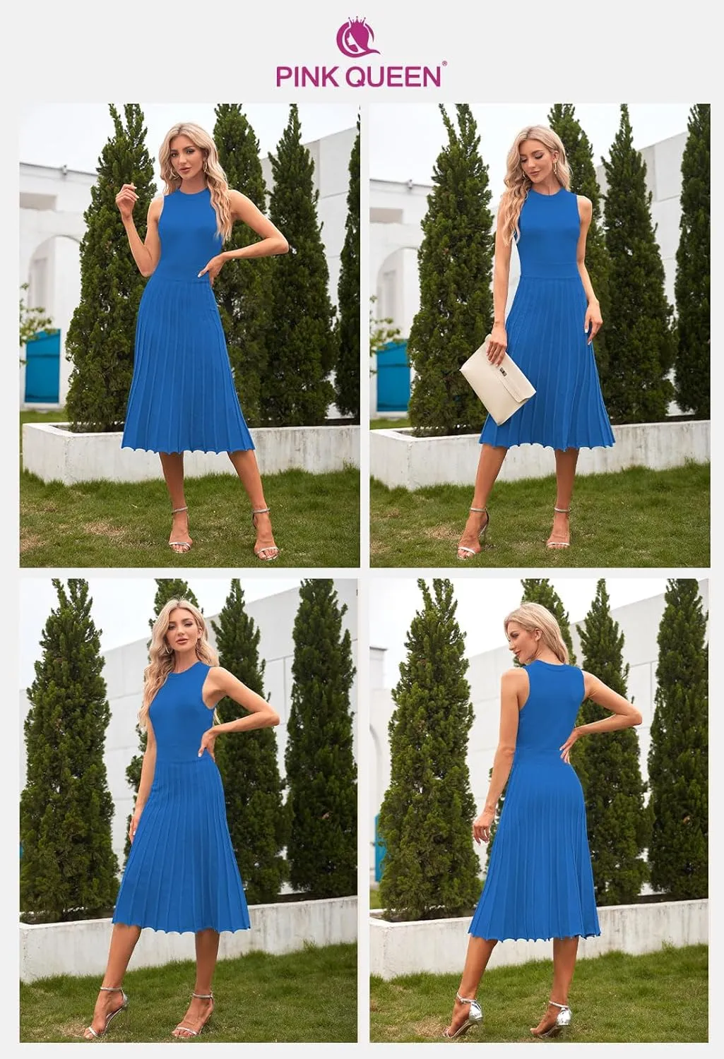Pink Queen Women's Crew Neck Sleeveless High Waisted Bodycon Pleated Ribbed Swing Knit Midi Dresses