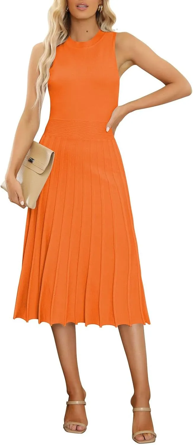 Pink Queen Women's Crew Neck Sleeveless High Waisted Bodycon Pleated Ribbed Swing Knit Midi Dresses