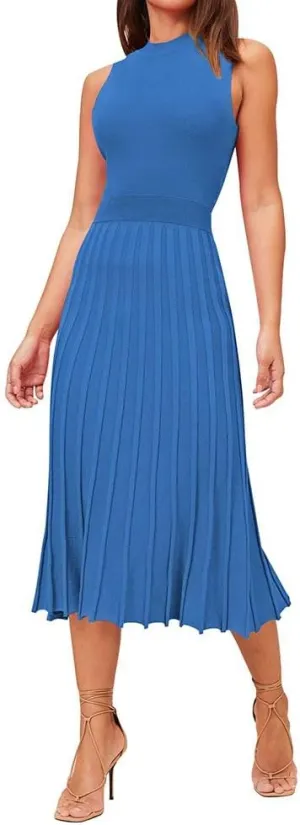 Pink Queen Women's Crew Neck Sleeveless High Waisted Bodycon Pleated Ribbed Swing Knit Midi Dresses