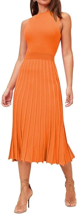 Pink Queen Women's Crew Neck Sleeveless High Waisted Bodycon Pleated Ribbed Swing Knit Midi Dresses