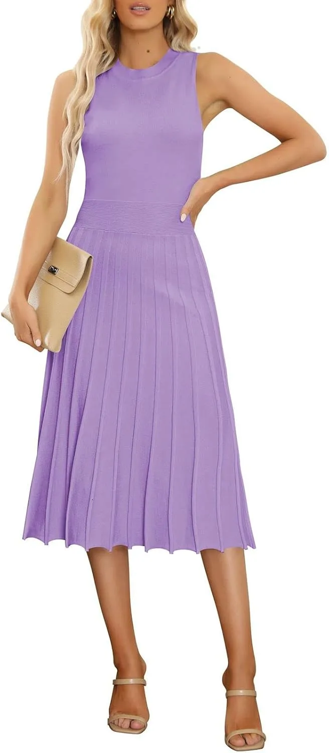 Pink Queen Women's Crew Neck Sleeveless High Waisted Bodycon Pleated Ribbed Swing Knit Midi Dresses