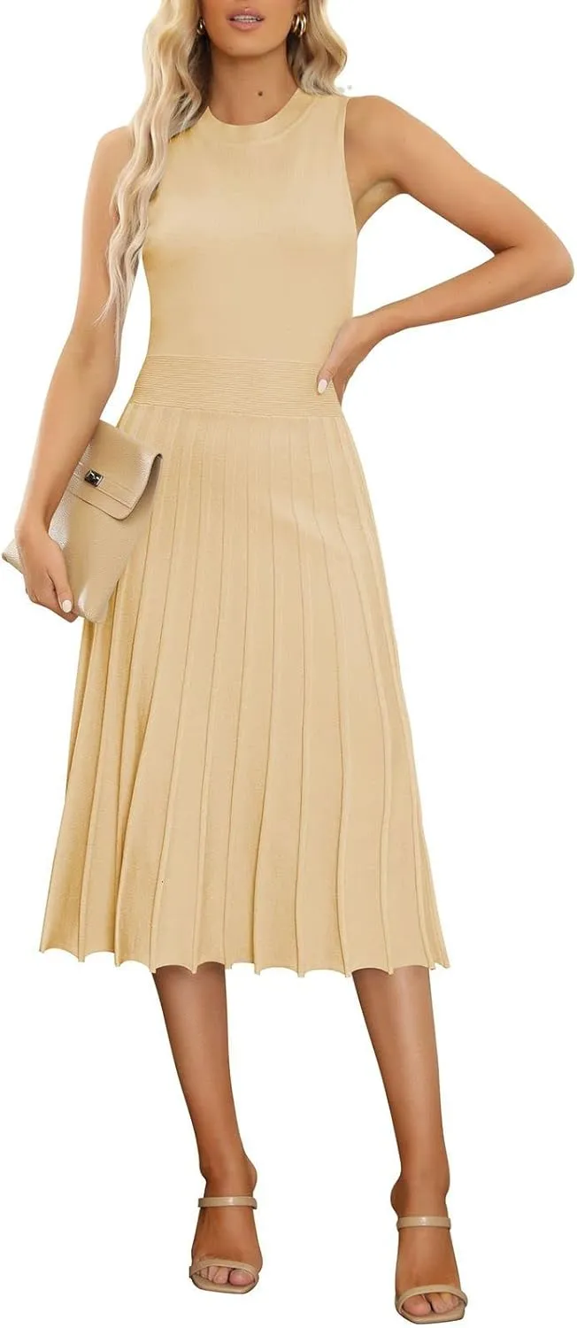 Pink Queen Women's Crew Neck Sleeveless High Waisted Bodycon Pleated Ribbed Swing Knit Midi Dresses
