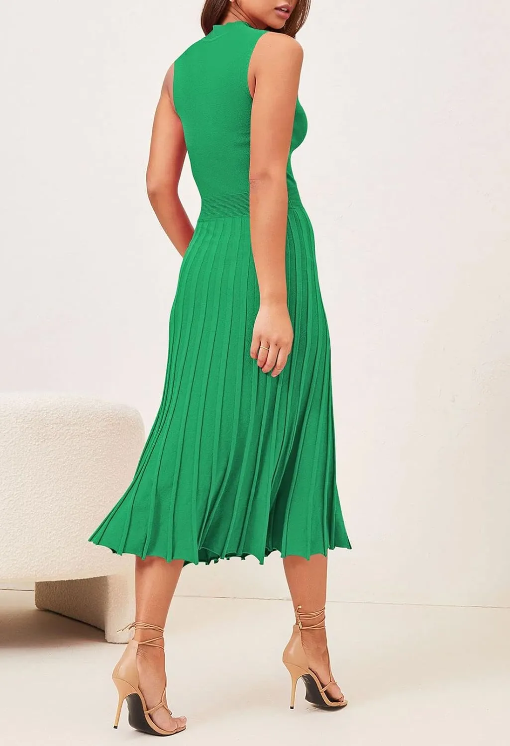 Pink Queen Women's Crew Neck Sleeveless High Waisted Bodycon Pleated Ribbed Swing Knit Midi Dresses