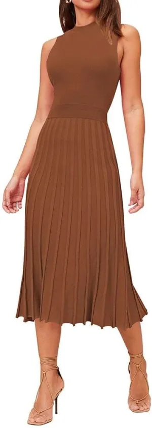 Pink Queen Women's Crew Neck Sleeveless High Waisted Bodycon Pleated Ribbed Swing Knit Midi Dresses