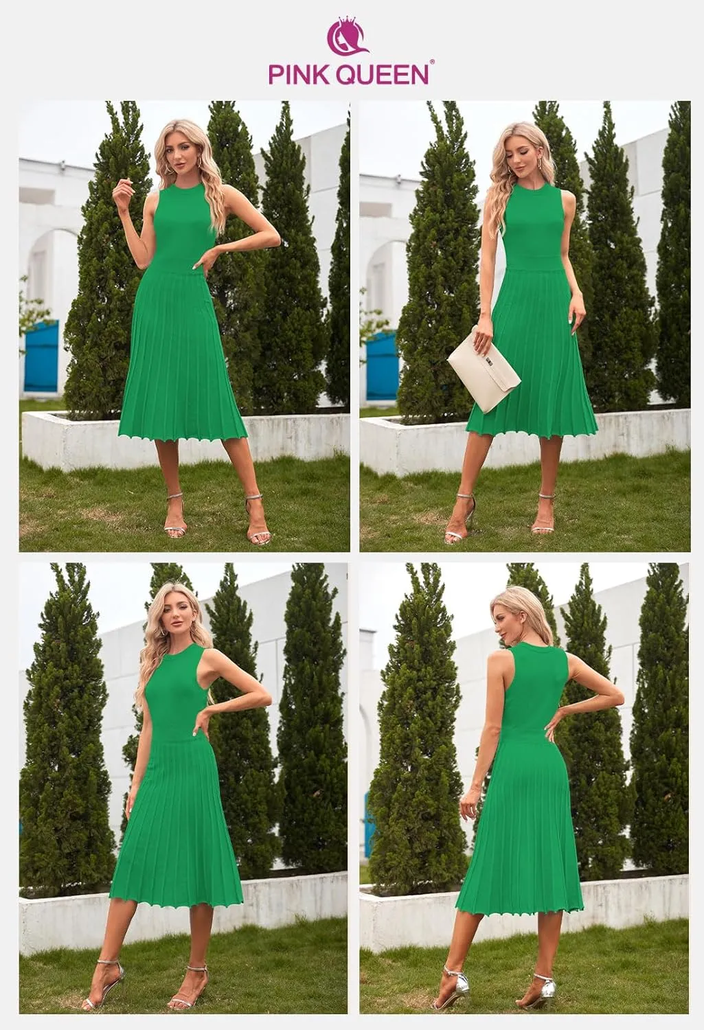 Pink Queen Women's Crew Neck Sleeveless High Waisted Bodycon Pleated Ribbed Swing Knit Midi Dresses