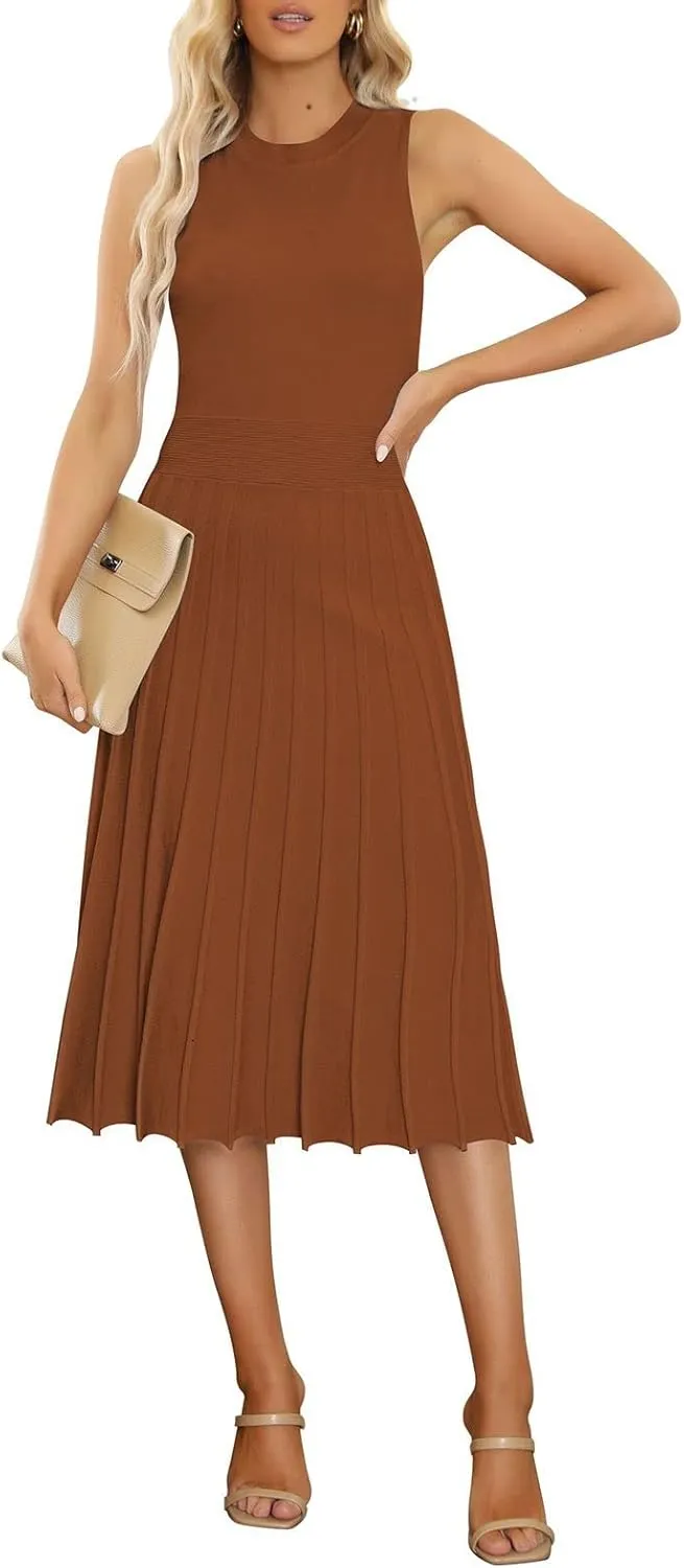 Pink Queen Women's Crew Neck Sleeveless High Waisted Bodycon Pleated Ribbed Swing Knit Midi Dresses