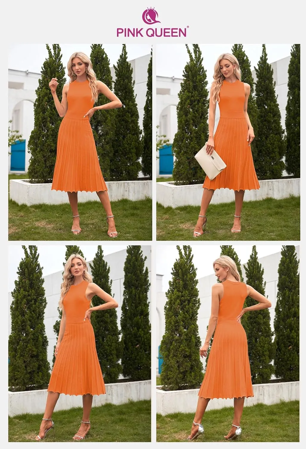 Pink Queen Women's Crew Neck Sleeveless High Waisted Bodycon Pleated Ribbed Swing Knit Midi Dresses