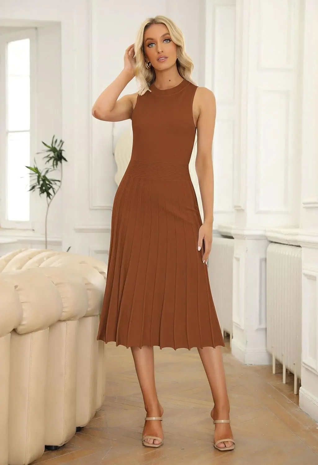 Pink Queen Women's Crew Neck Sleeveless High Waisted Bodycon Pleated Ribbed Swing Knit Midi Dresses