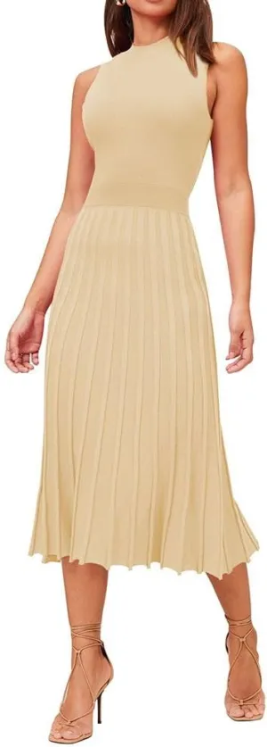 Pink Queen Women's Crew Neck Sleeveless High Waisted Bodycon Pleated Ribbed Swing Knit Midi Dresses