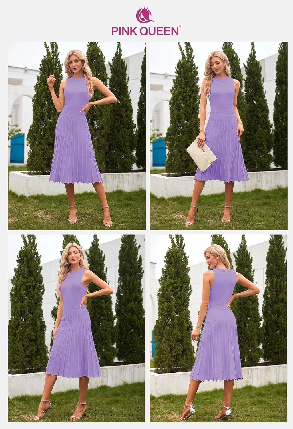 Pink Queen Women's Crew Neck Sleeveless High Waisted Bodycon Pleated Ribbed Swing Knit Midi Dresses