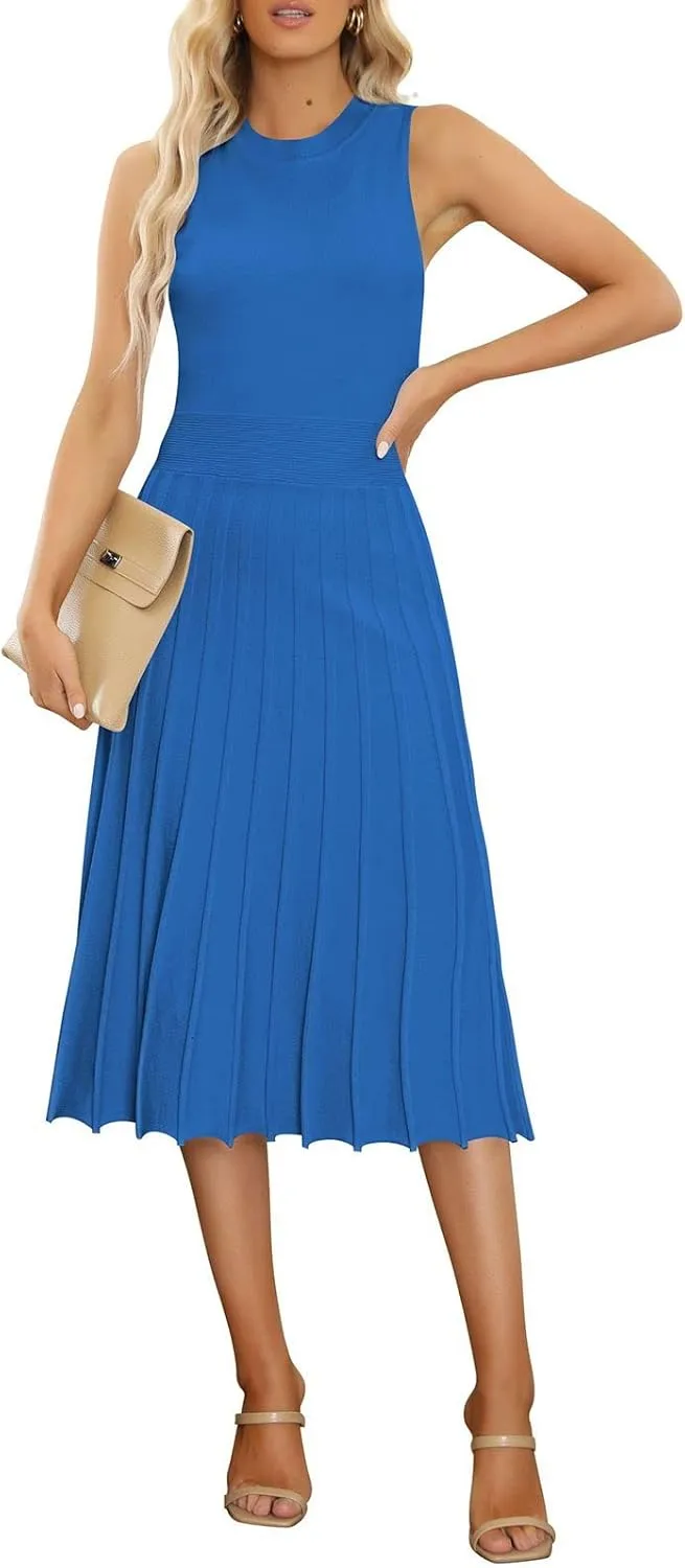 Pink Queen Women's Crew Neck Sleeveless High Waisted Bodycon Pleated Ribbed Swing Knit Midi Dresses