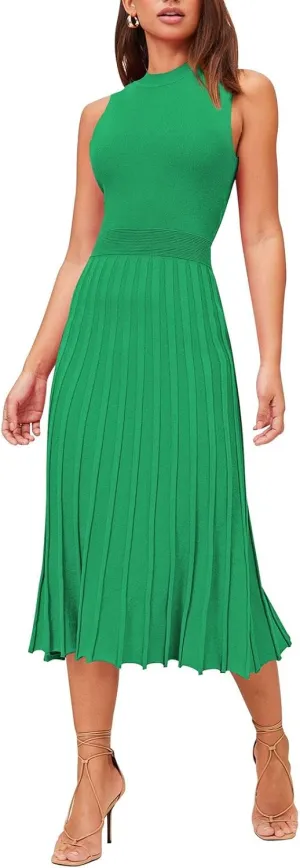 Pink Queen Women's Crew Neck Sleeveless High Waisted Bodycon Pleated Ribbed Swing Knit Midi Dresses
