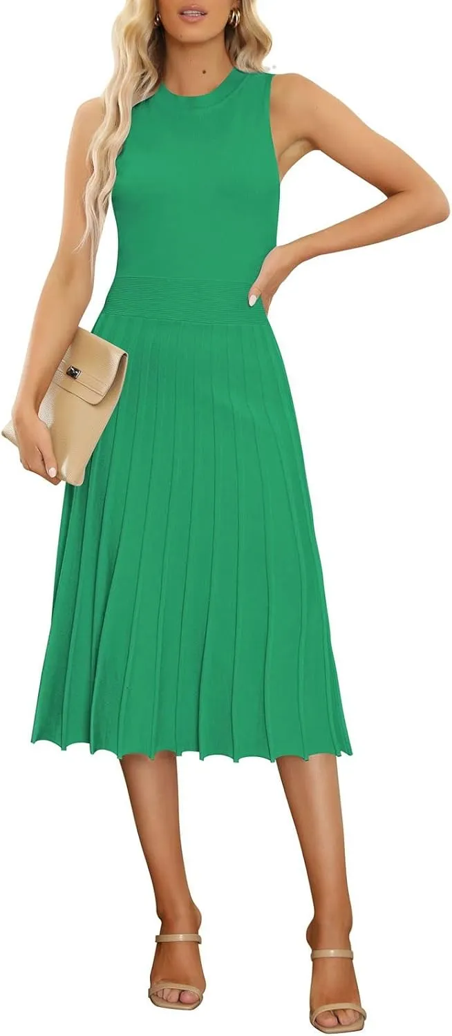 Pink Queen Women's Crew Neck Sleeveless High Waisted Bodycon Pleated Ribbed Swing Knit Midi Dresses