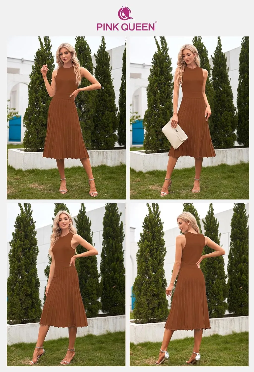 Pink Queen Women's Crew Neck Sleeveless High Waisted Bodycon Pleated Ribbed Swing Knit Midi Dresses