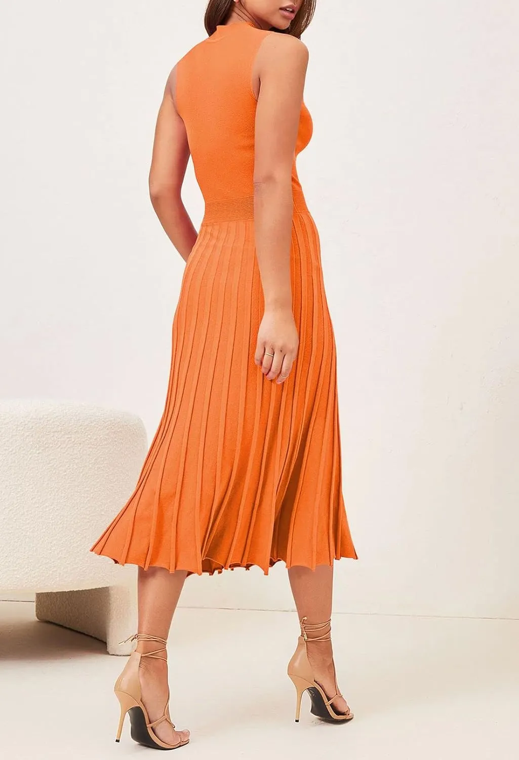 Pink Queen Women's Crew Neck Sleeveless High Waisted Bodycon Pleated Ribbed Swing Knit Midi Dresses