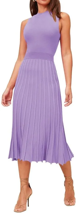 Pink Queen Women's Crew Neck Sleeveless High Waisted Bodycon Pleated Ribbed Swing Knit Midi Dresses