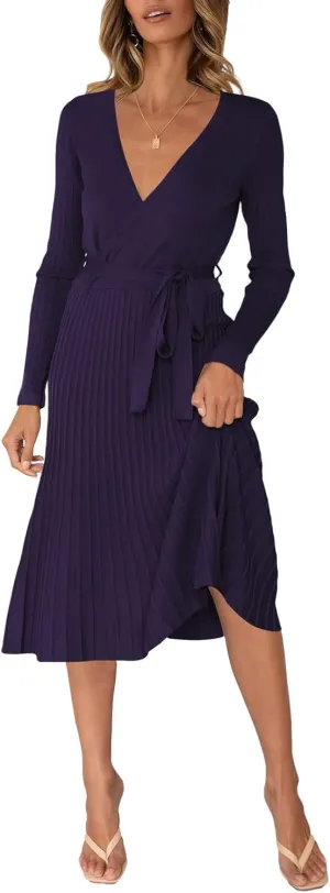 Pink Queen Women's Wrap Sweater Dress V Neck Long Sleeve Ribbed Swing Knit Midi Dresses with Belt