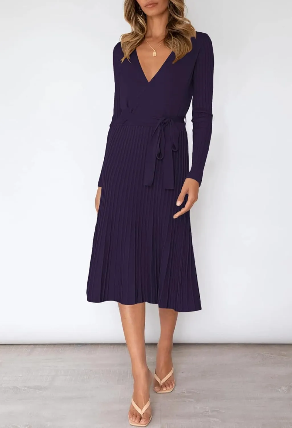 Pink Queen Women's Wrap Sweater Dress V Neck Long Sleeve Ribbed Swing Knit Midi Dresses with Belt
