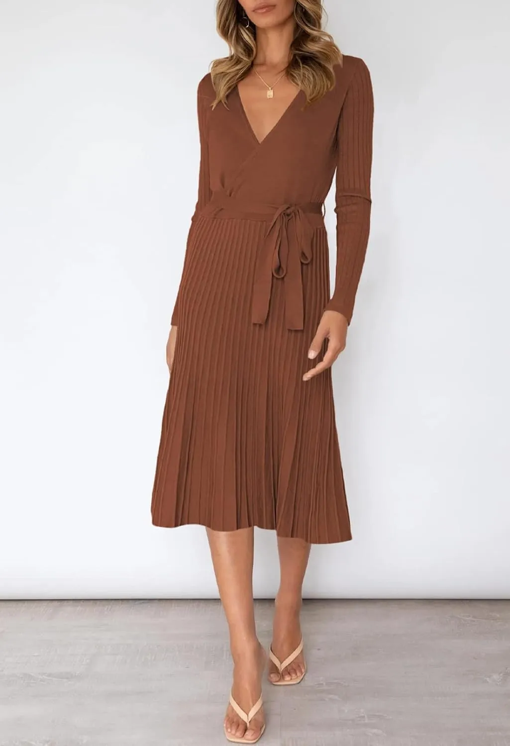 Pink Queen Women's Wrap Sweater Dress V Neck Long Sleeve Ribbed Swing Knit Midi Dresses with Belt