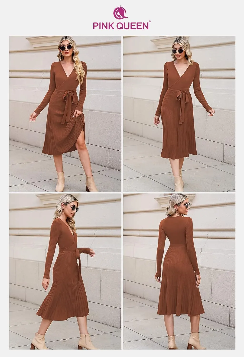 Pink Queen Women's Wrap Sweater Dress V Neck Long Sleeve Ribbed Swing Knit Midi Dresses with Belt