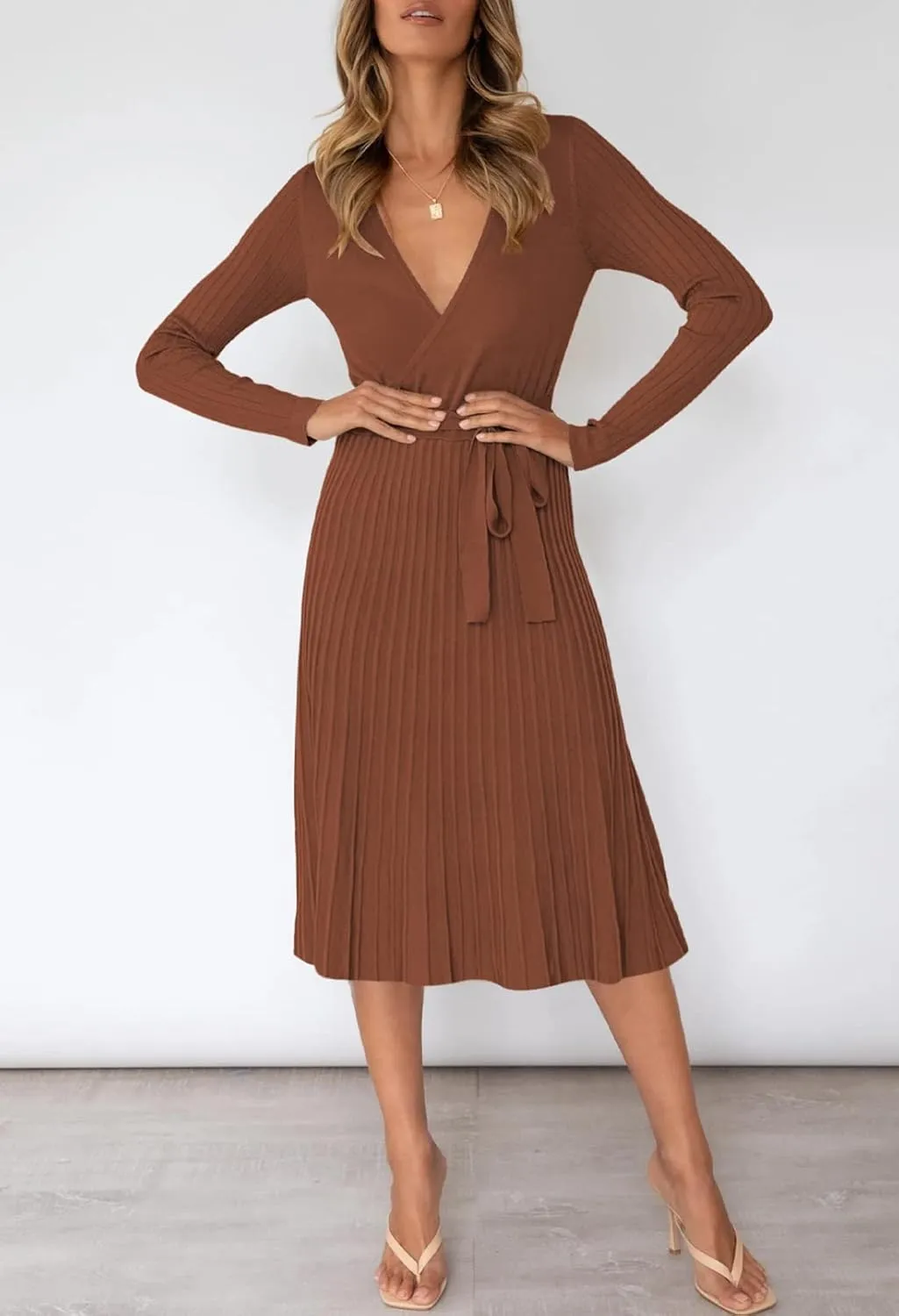 Pink Queen Women's Wrap Sweater Dress V Neck Long Sleeve Ribbed Swing Knit Midi Dresses with Belt