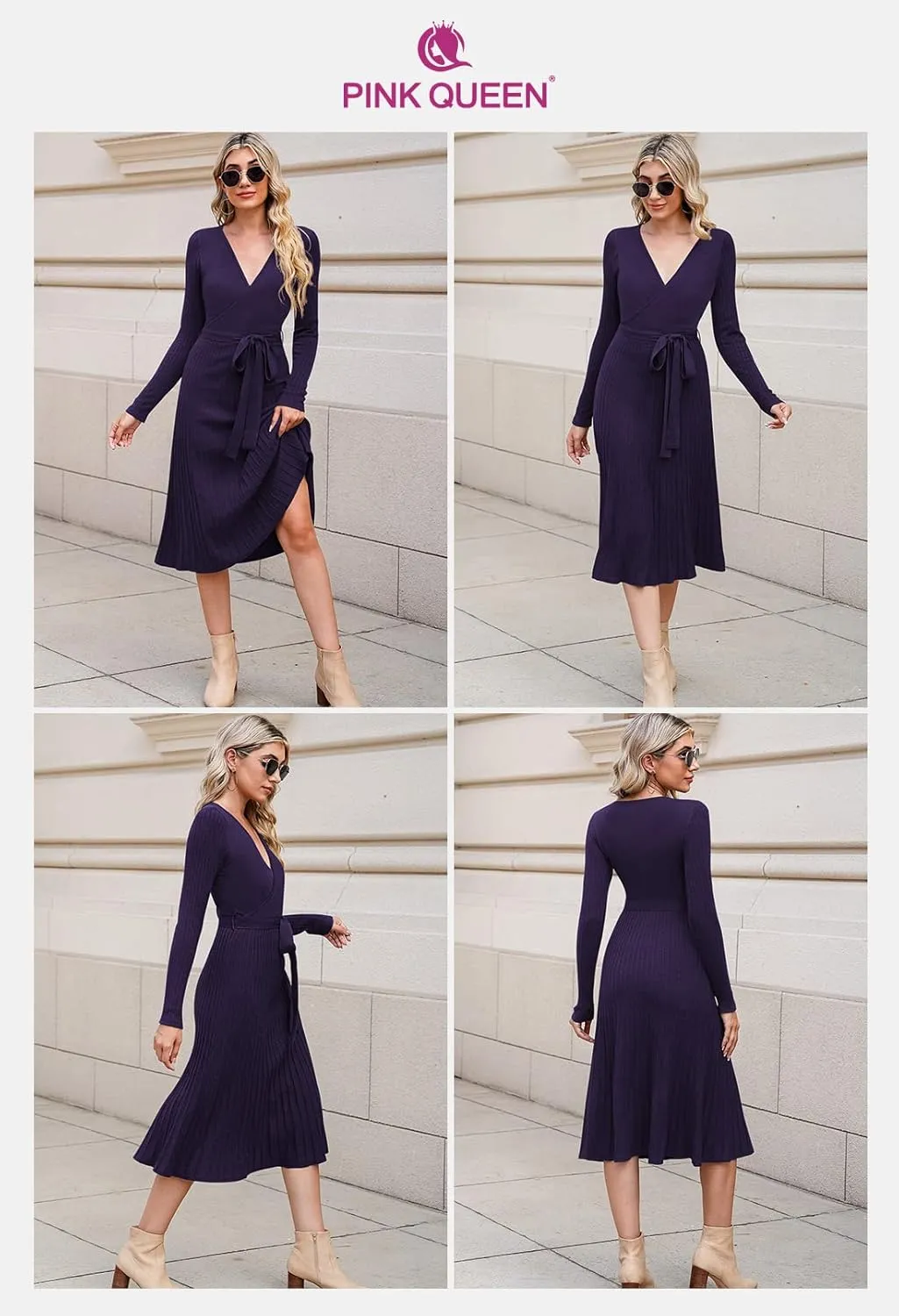 Pink Queen Women's Wrap Sweater Dress V Neck Long Sleeve Ribbed Swing Knit Midi Dresses with Belt