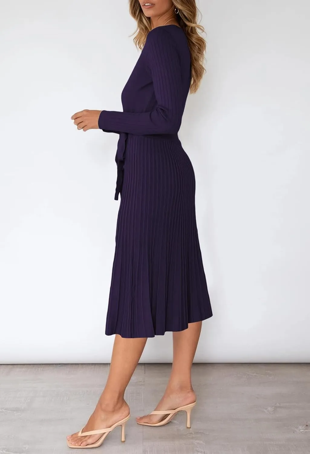 Pink Queen Women's Wrap Sweater Dress V Neck Long Sleeve Ribbed Swing Knit Midi Dresses with Belt