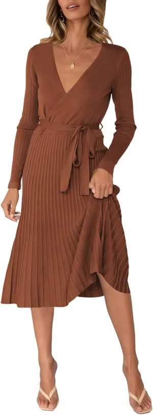 Pink Queen Women's Wrap Sweater Dress V Neck Long Sleeve Ribbed Swing Knit Midi Dresses with Belt