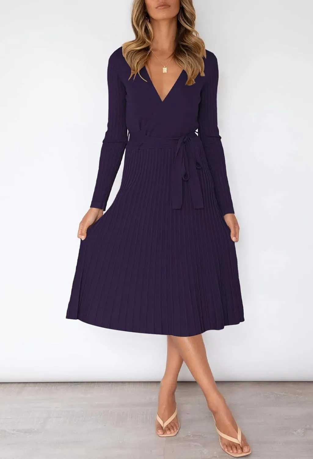 Pink Queen Women's Wrap Sweater Dress V Neck Long Sleeve Ribbed Swing Knit Midi Dresses with Belt