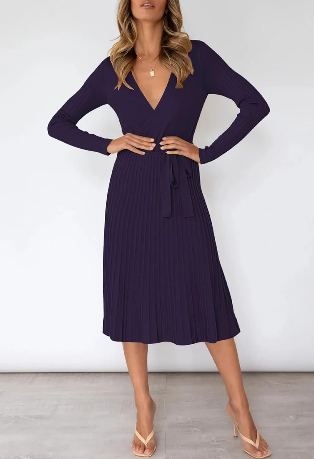 Pink Queen Women's Wrap Sweater Dress V Neck Long Sleeve Ribbed Swing Knit Midi Dresses with Belt