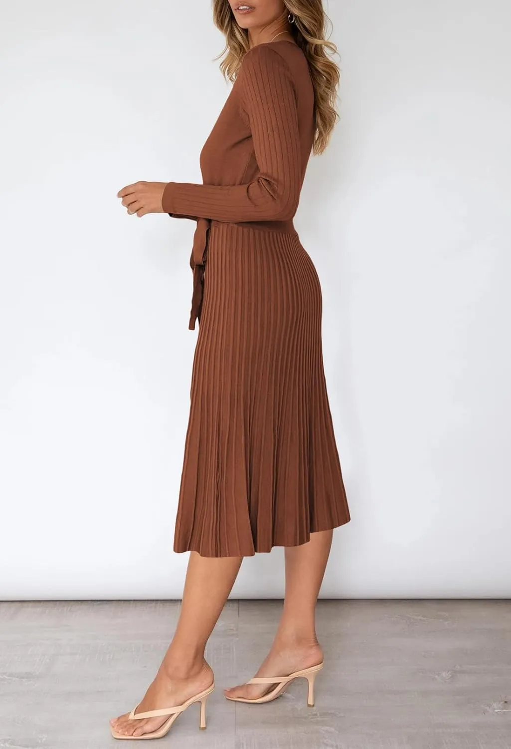 Pink Queen Women's Wrap Sweater Dress V Neck Long Sleeve Ribbed Swing Knit Midi Dresses with Belt