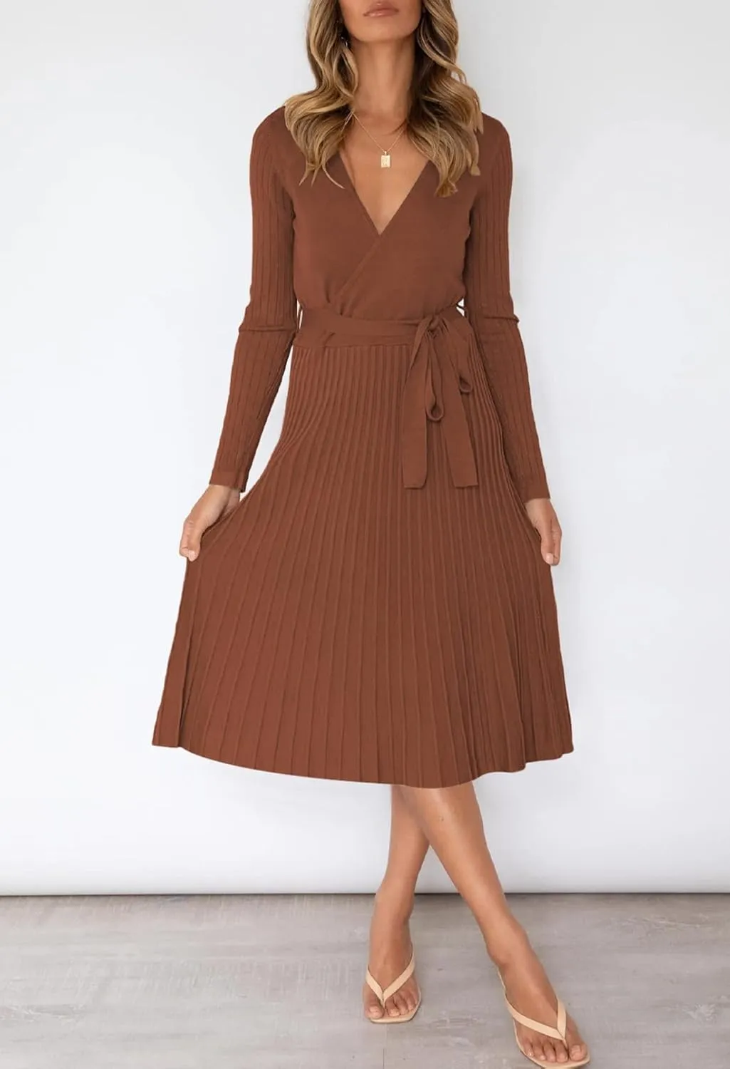 Pink Queen Women's Wrap Sweater Dress V Neck Long Sleeve Ribbed Swing Knit Midi Dresses with Belt