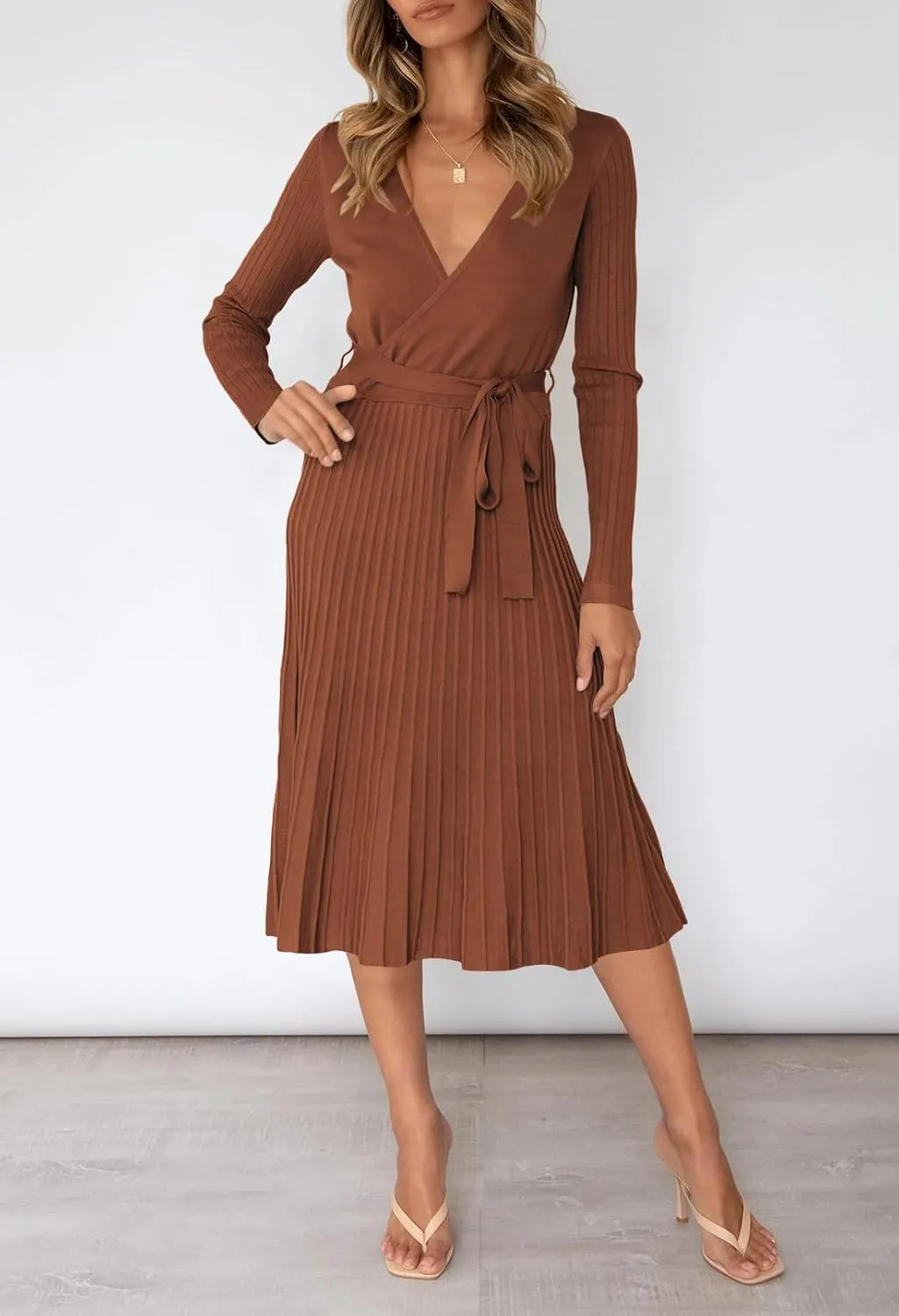 Pink Queen Women's Wrap Sweater Dress V Neck Long Sleeve Ribbed Swing Knit Midi Dresses with Belt
