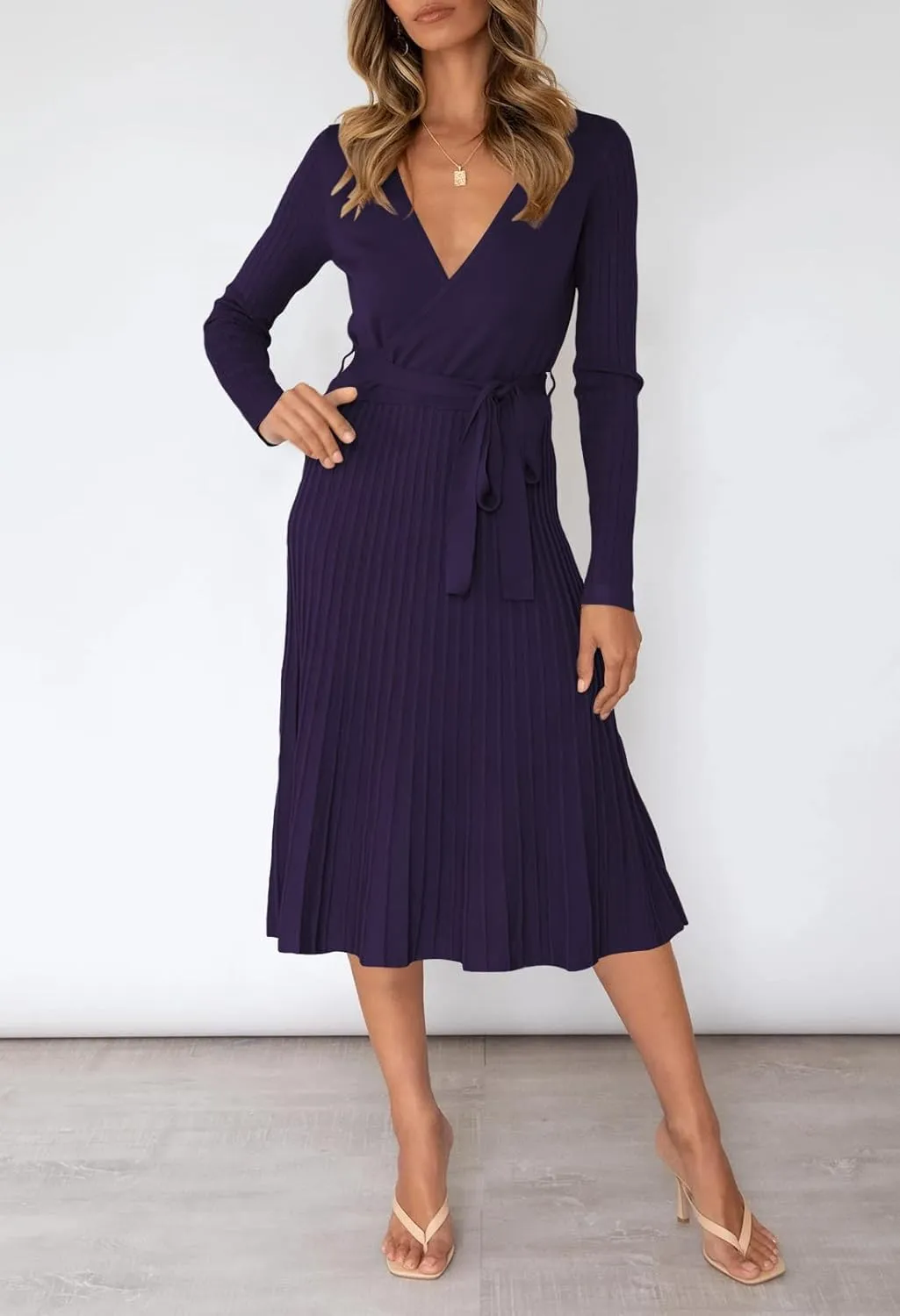 Pink Queen Women's Wrap Sweater Dress V Neck Long Sleeve Ribbed Swing Knit Midi Dresses with Belt