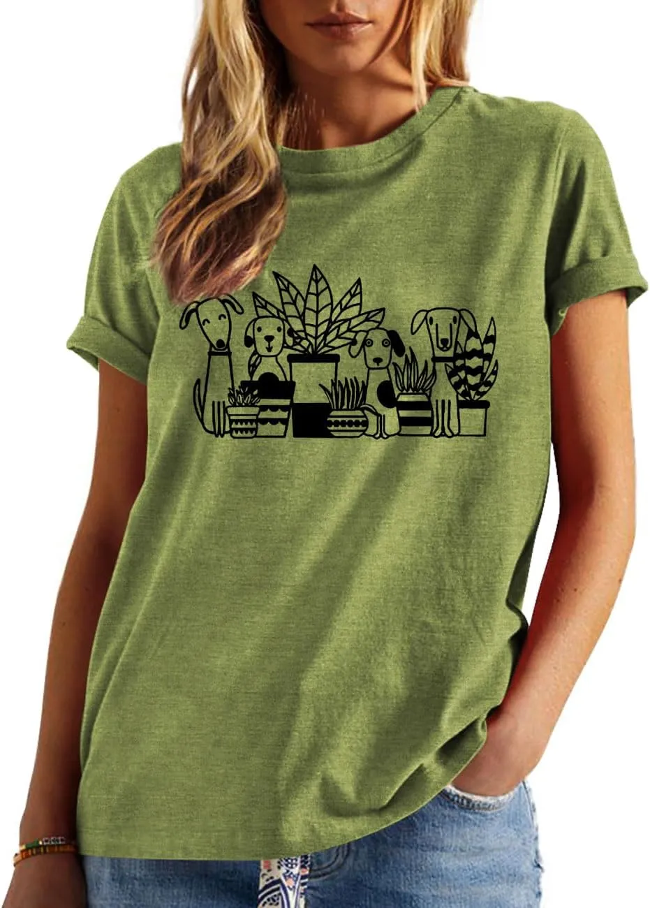 Plant Shirts for Women Dogs and Plants Lover Shirt Gardening Gifts Tee Funny Plant Mom Tops