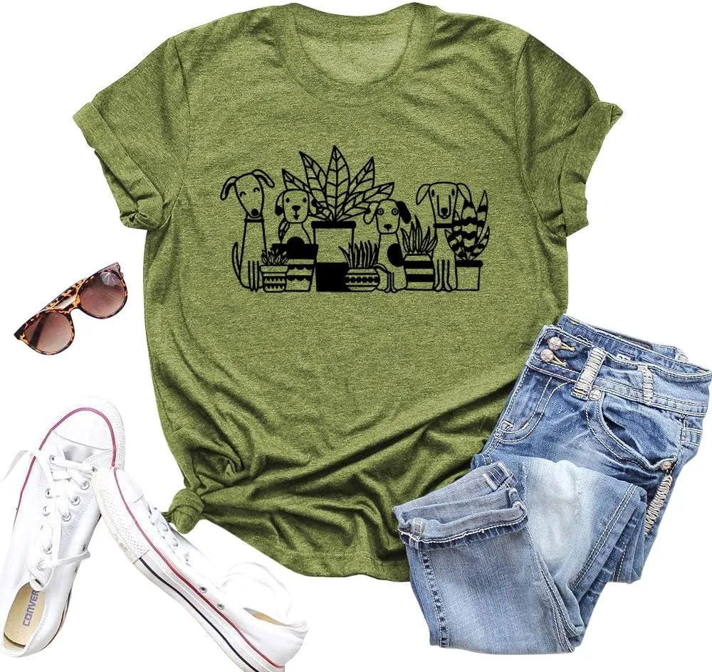 Plant Shirts for Women Dogs and Plants Lover Shirt Gardening Gifts Tee Funny Plant Mom Tops
