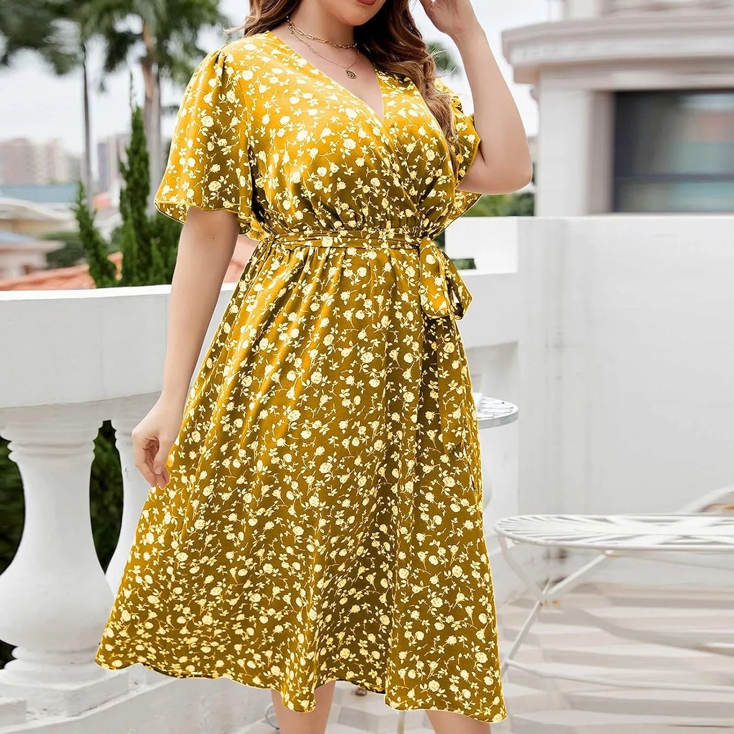 Plus Size Boho Floral A-Line Dress Women Summer Wrap V Neck Belted Midi Dress Casual Elegant Flowy Photograph Dress