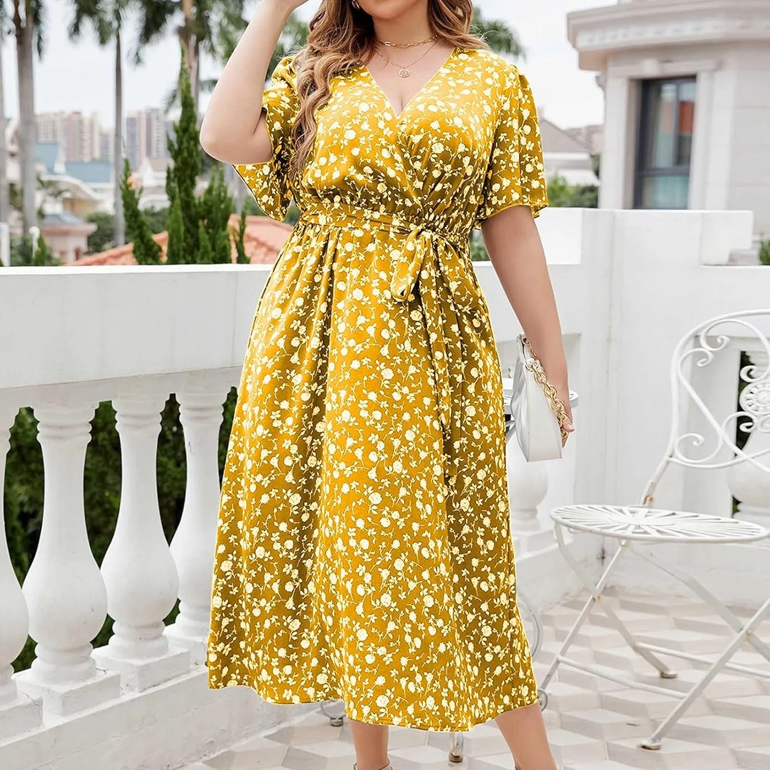 Plus Size Boho Floral A-Line Dress Women Summer Wrap V Neck Belted Midi Dress Casual Elegant Flowy Photograph Dress