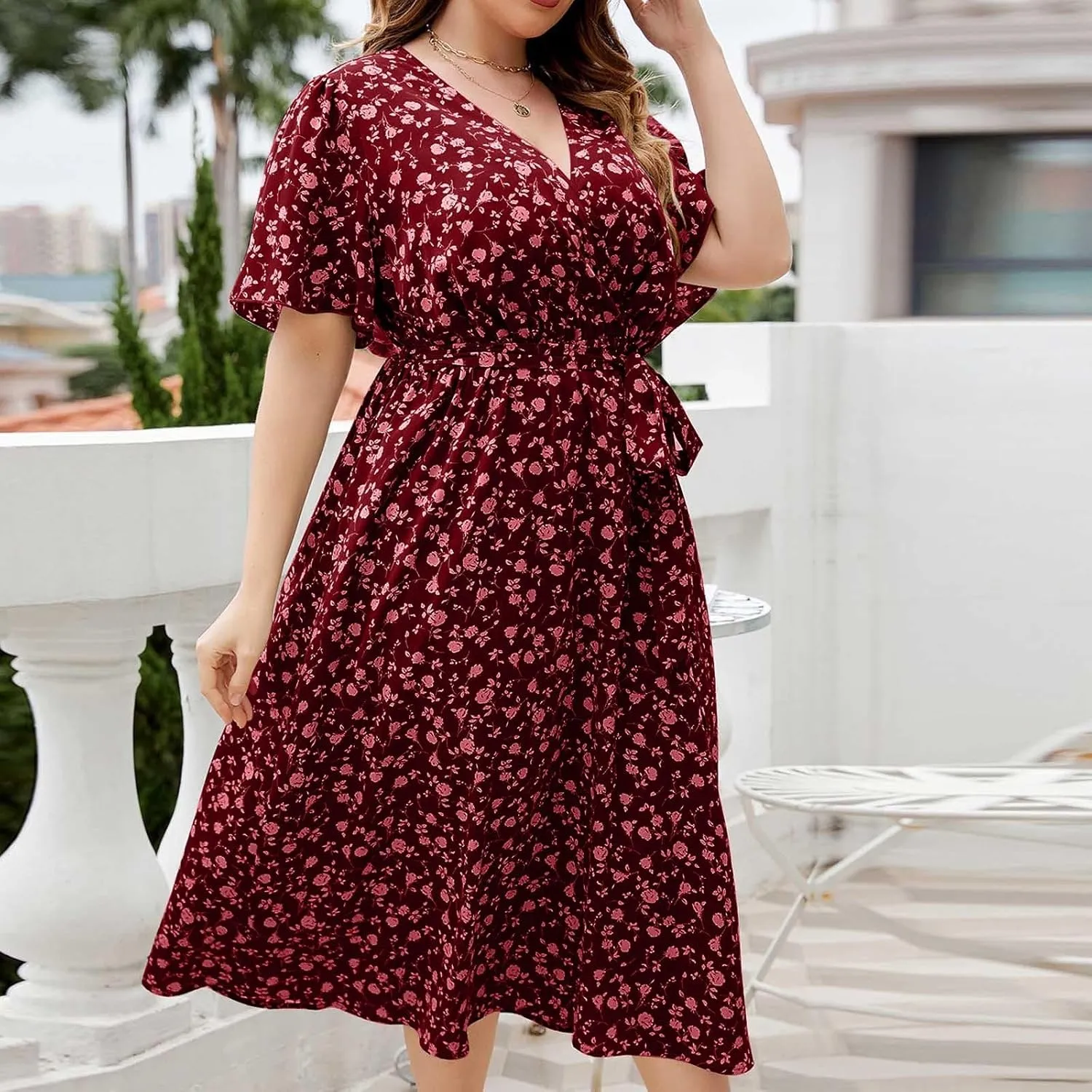 Plus Size Boho Floral A-Line Dress Women Summer Wrap V Neck Belted Midi Dress Casual Elegant Flowy Photograph Dress