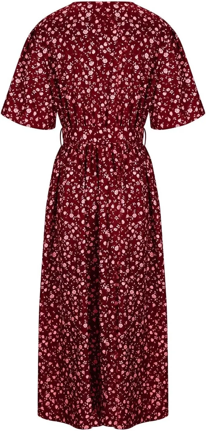 Plus Size Boho Floral A-Line Dress Women Summer Wrap V Neck Belted Midi Dress Casual Elegant Flowy Photograph Dress