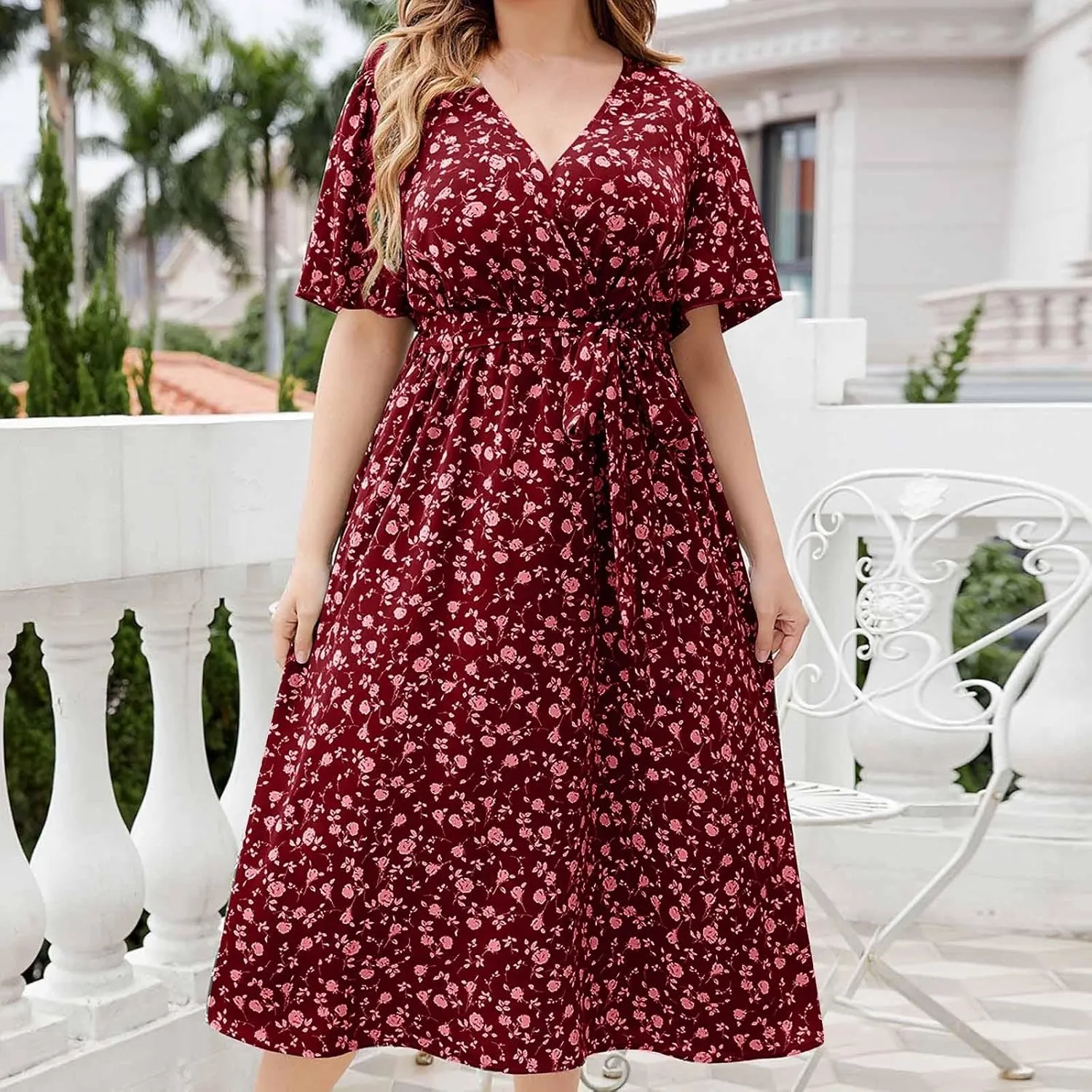 Plus Size Boho Floral A-Line Dress Women Summer Wrap V Neck Belted Midi Dress Casual Elegant Flowy Photograph Dress