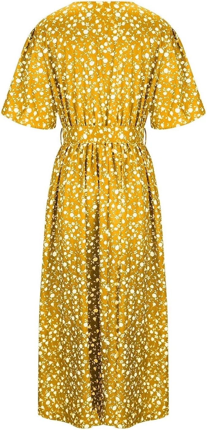 Plus Size Boho Floral A-Line Dress Women Summer Wrap V Neck Belted Midi Dress Casual Elegant Flowy Photograph Dress