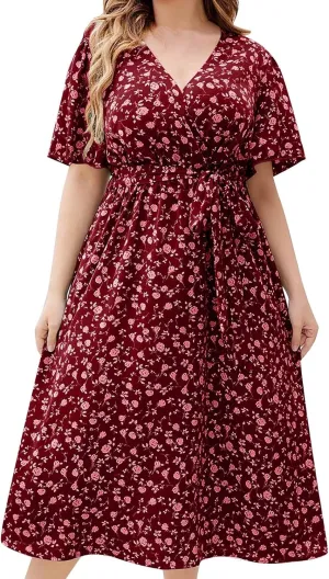 Plus Size Boho Floral A-Line Dress Women Summer Wrap V Neck Belted Midi Dress Casual Elegant Flowy Photograph Dress