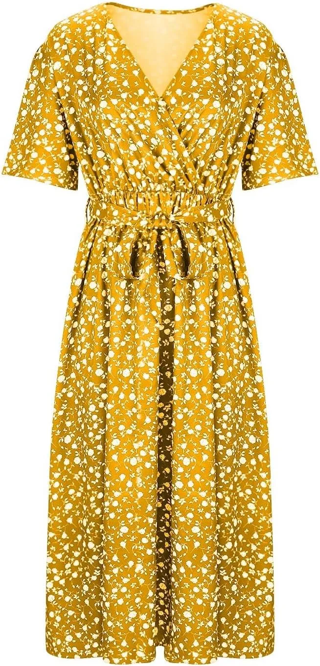 Plus Size Boho Floral A-Line Dress Women Summer Wrap V Neck Belted Midi Dress Casual Elegant Flowy Photograph Dress