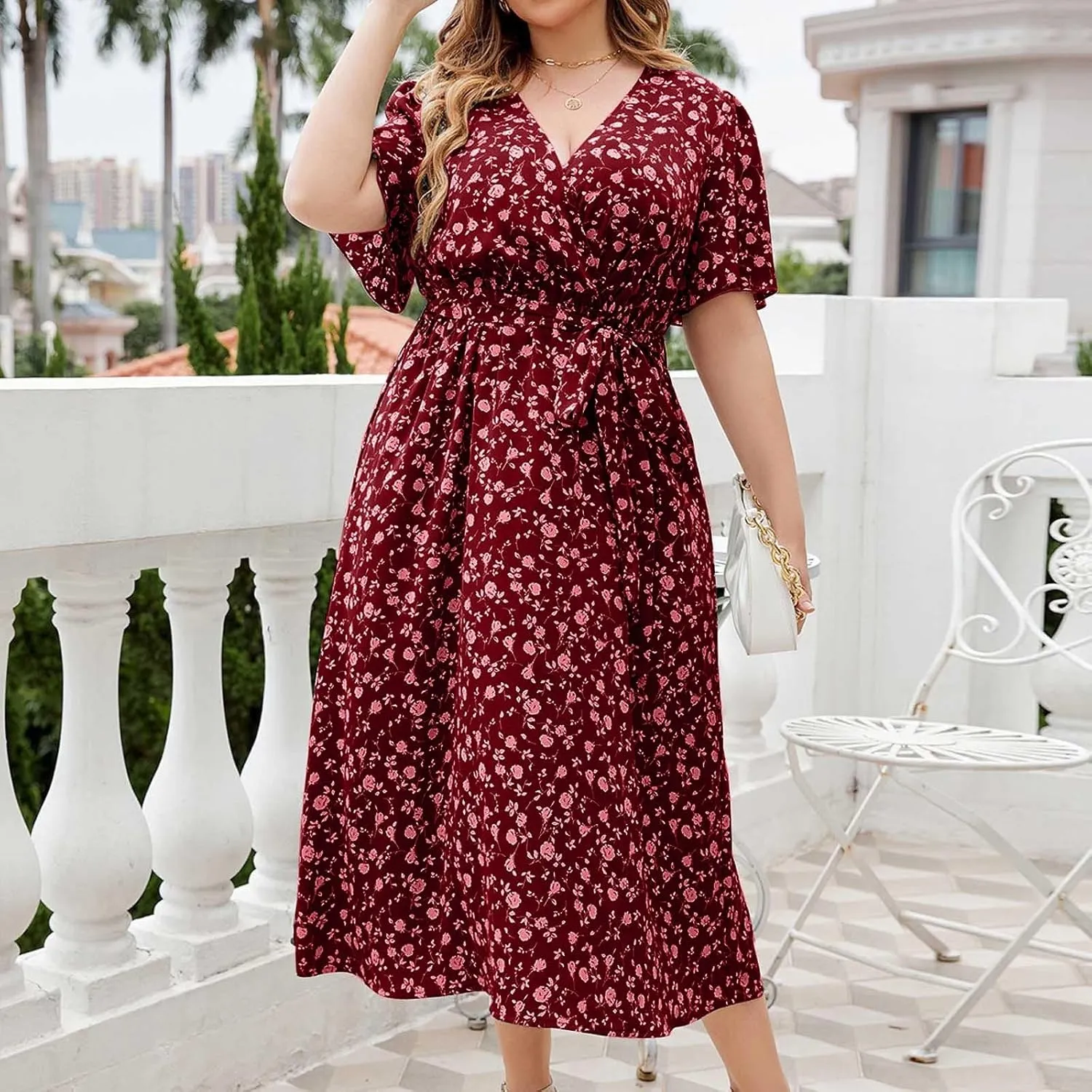 Plus Size Boho Floral A-Line Dress Women Summer Wrap V Neck Belted Midi Dress Casual Elegant Flowy Photograph Dress