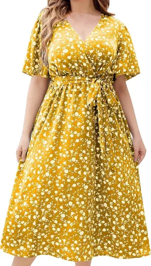 Plus Size Boho Floral A-Line Dress Women Summer Wrap V Neck Belted Midi Dress Casual Elegant Flowy Photograph Dress