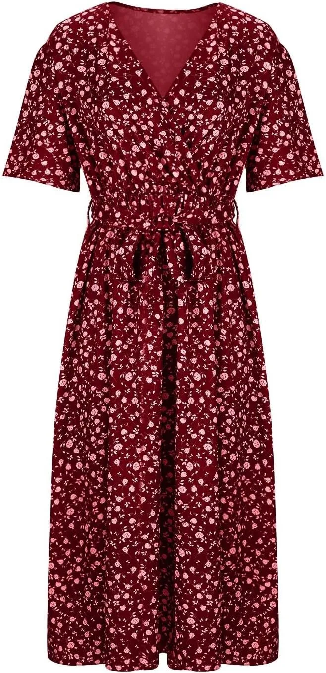 Plus Size Boho Floral A-Line Dress Women Summer Wrap V Neck Belted Midi Dress Casual Elegant Flowy Photograph Dress
