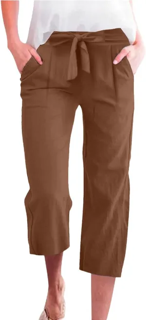 Plus Size Capris for Women Solid Color Elastic High Waist Lounge Pants Drawstring Pocket Wide Leg Cropped Trousers